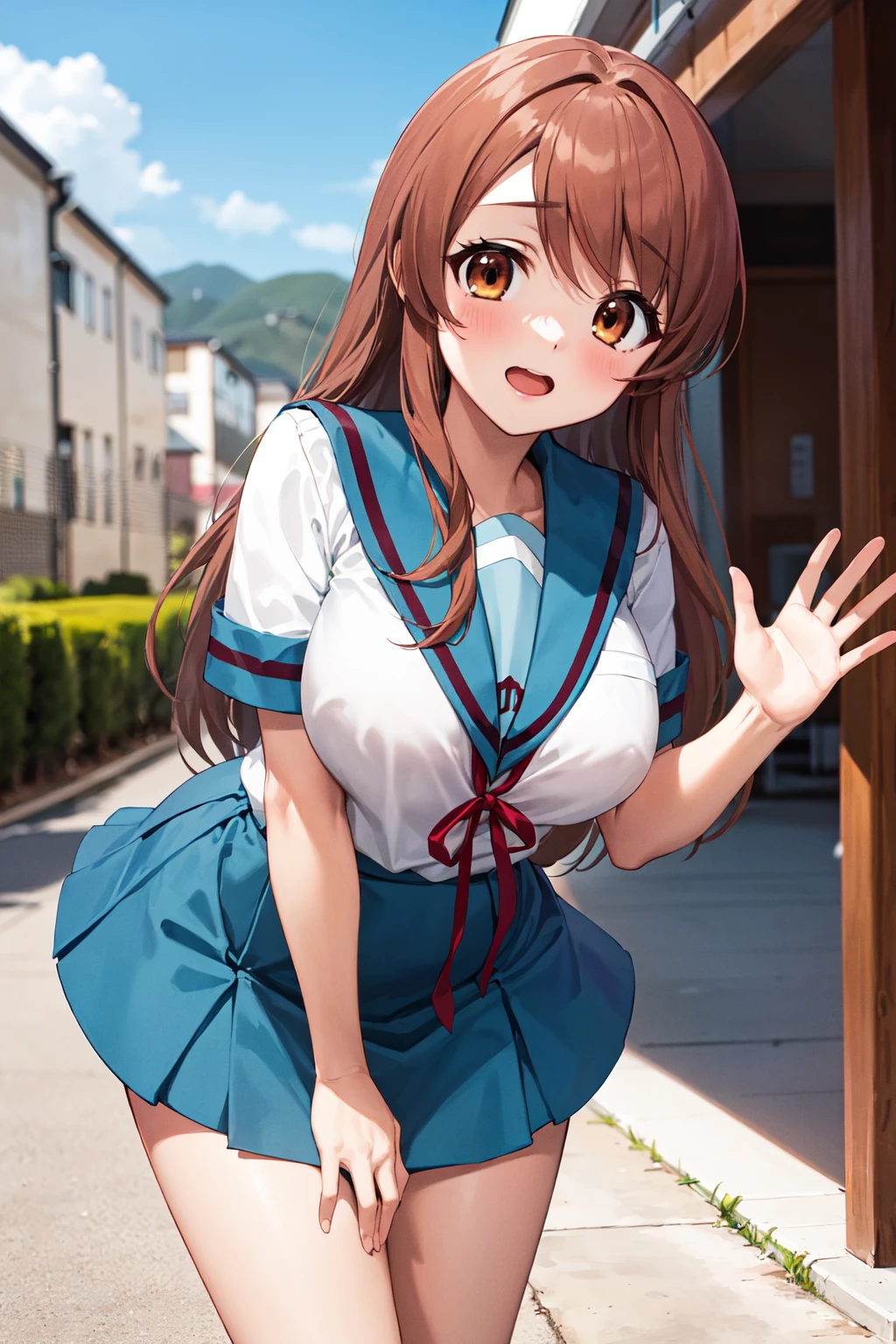 mikuru1, 1girl, asahina mikuru, long hair, kita high school uniform, solo, blue sailor collar, sailor collar, serafuku, blue skirt, skirt, short sleeves, red ribbon, large breasts, <lora:asahina_mikuru_v1:0.7>, cowboy shot, waving, outdoors, leaning forward,