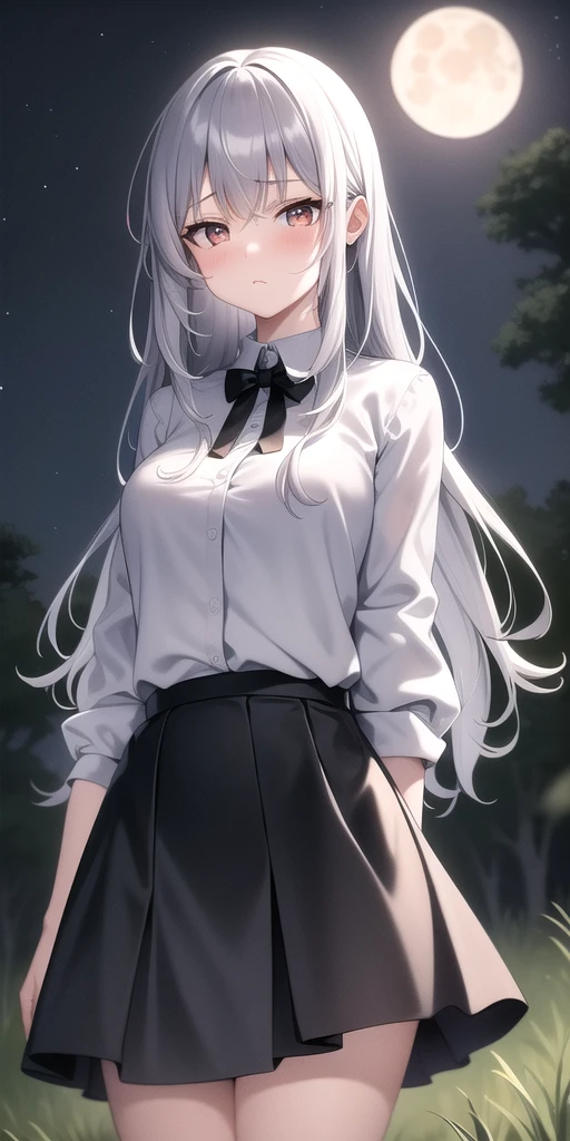 masterpiece, 4k, high quality, highly detailed, detailed face, HDR, vivid colors, natural lighting, field, empty street, forest, night, moon, moonshine, girl, 1girl, solo, medium breasts, grey hair, long hair, open hair, skirt, oversized pullover, (scared face, sad face), shy, from below