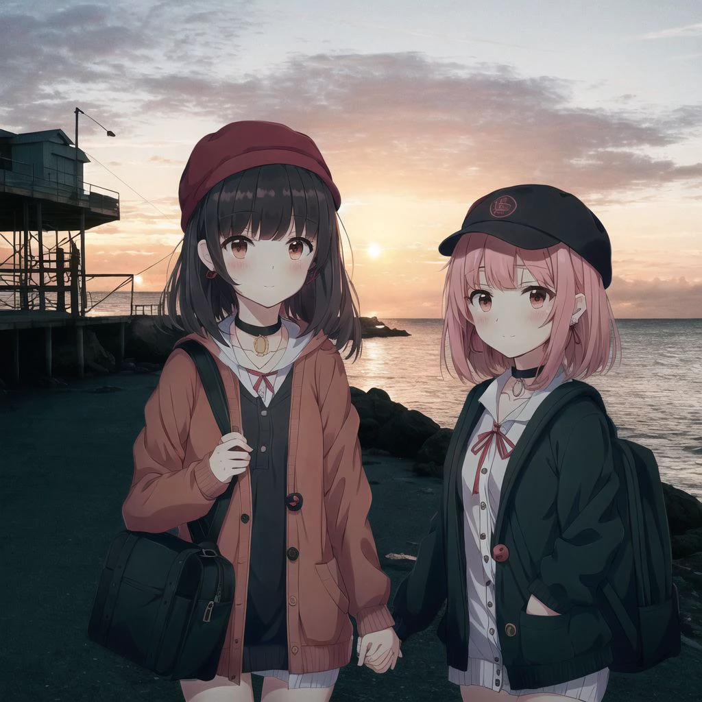<lora:anime_irl:1>, anime_irl, a man standing under a pier at night with the sun in the background and the ocean in the foreground, 2girls, asymmetrical bangs, backpack, bag, bangs, black choker, black hair, black jacket, blush, bob cut, brown backpack, brown hair, buttons, cardigan, choker, collared dress, dress, earrings, gen 4 pokemon, green headwear, grey cardigan, hair ribbon, hat, highres, holding hands, hooded cardigan, jacket, jewelry, long sleeves, multiple girls, open clothes, pink dress, red ribbon, ribbon, short hair, tam o' shanter, yasu \(842chooo\)