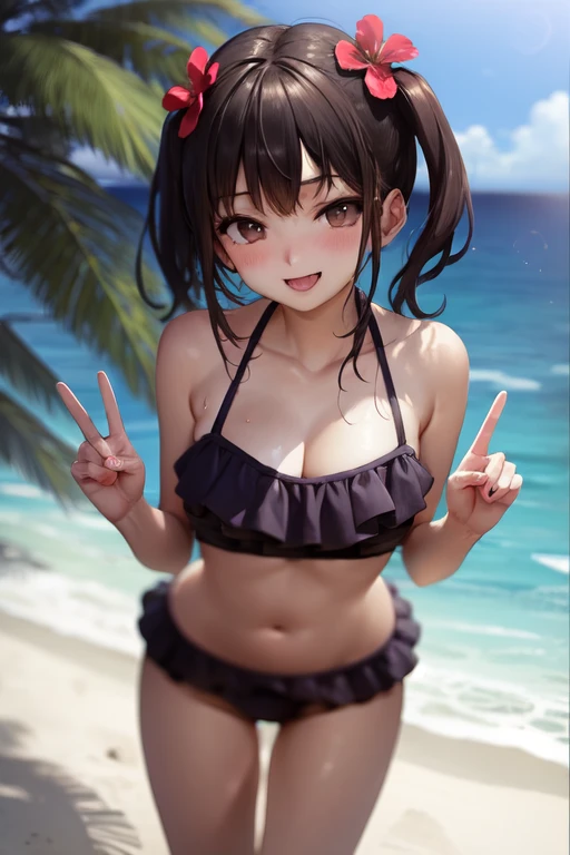 (8K、Highest image quality、highest quality、masterpiece)、detailed face、((one loli))、black hair、short twintails、gray eyes、evil smile、((open_mouth))、small breasts、((white micro bikini))、kneeling、((fellatio_gesture))、look up、Take a photo from above、Ocean、Rocky background、((nsfw))