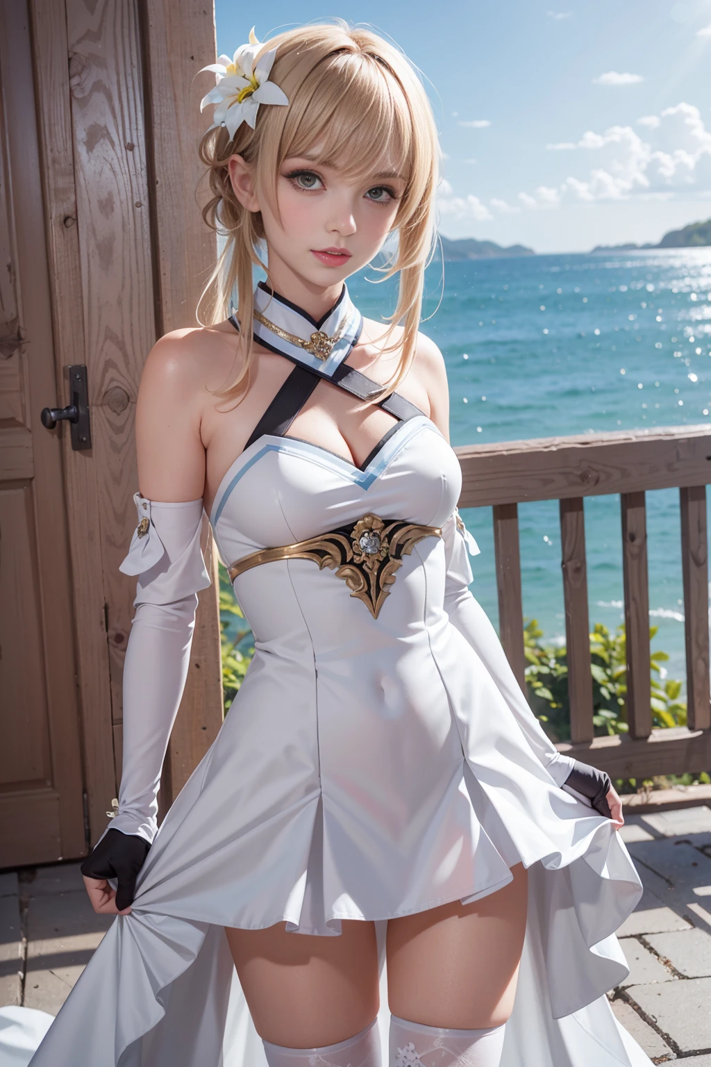 8k, best quality, real picture, intricate details, ultra-detailed, ultra highres, depth field,(photorealistic,realistic:1.2),cowboy shot, full body,(luminecos:1.4),1girl, naughty face, Best quality, masterpiece, ultra high res, RAW photo,masterpiece, best quality, (photorealistic:1.4), (narrow waist:1.2), delicate face
, outdoors,blurry background,
gloves, dress, black gloves, white dress, fingerless gloves, detached sleeves, thighhighs,
<lora:LumineGenshinImpact_v11:0.6>, mafuyu, <lora:mafuyu:0.3>