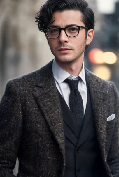 (8k, RAW photo, professional, masterpiece:1.2), (realistic, photo-realistic:1.37), ultra-detailed, (high detailed skin:1.2), detailed face and body, cinematic lighting, (Arthur Tweed suit, overcoat:1.2),(Wearing glasses:1.2), (Short hair), 18yo, 1man , Italian, (((black hair))), Walking