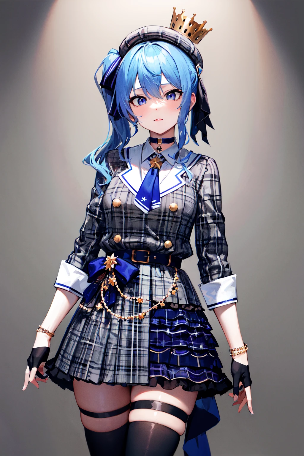 masterpiece, best quality, highres, sui1, 1girl, solo, side ponytail, hoshimachi suisei, fingerless gloves, single thighhigh, jewelry, single sock, thigh strap, bracelet, blue socks, buttons, single kneehigh, plaid dress, blue choker, blue belt, plaid skirt, mini crown, grey skirt, blue ascot, long sleeves, plaid jacket, <lora:hoshimachi_suisei_v1:0.7>, cowboy shot,