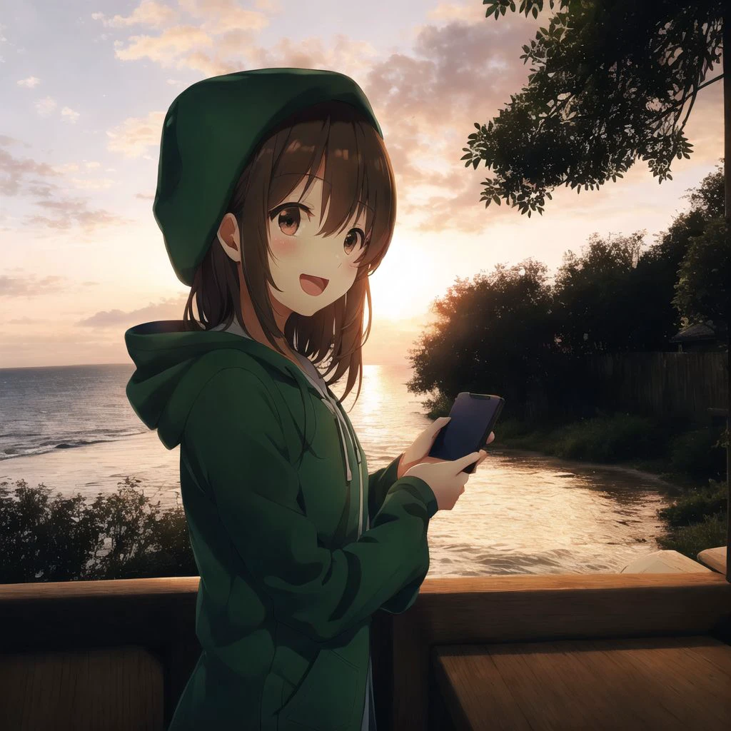<lora:anime_irl:1>, anime_irl, a man in a green suit and hat standing next to a tree and looking at his cell phone in the dark, 1girl, :d, bangs, blue sky, brown eyes, brown hair, clouds, dress, eyebrows visible through hair, food, hair between eyes, hair ornament, holding, holding food, hood, hood down, horizon, lantern, looking at viewer, looking to the side, ocean, open mouth, outdoors, railing, sandwich, sky, smile, solo, sunrise, water, white dress, wide sleeves