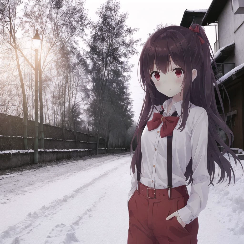 <lora:anime_irl:1>, anime_irl, a snow covered street with a tree and fence at night time with a street light in the distance and a snow covered sidewalk, 1girl, arm belt, bamboo, bamboo forest, blurry, bow, burning, depth of field, dress shirt, embers, fire, flame, forest, hair bow, hair ribbon, highres, long hair, long sleeves, looking at viewer, midriff, nature, navel, ofuda, pants, red eyes, red pants, ribbon, serious, shirt, solo, suspenders, tress ribbon, very long hair, white hair, white shirt