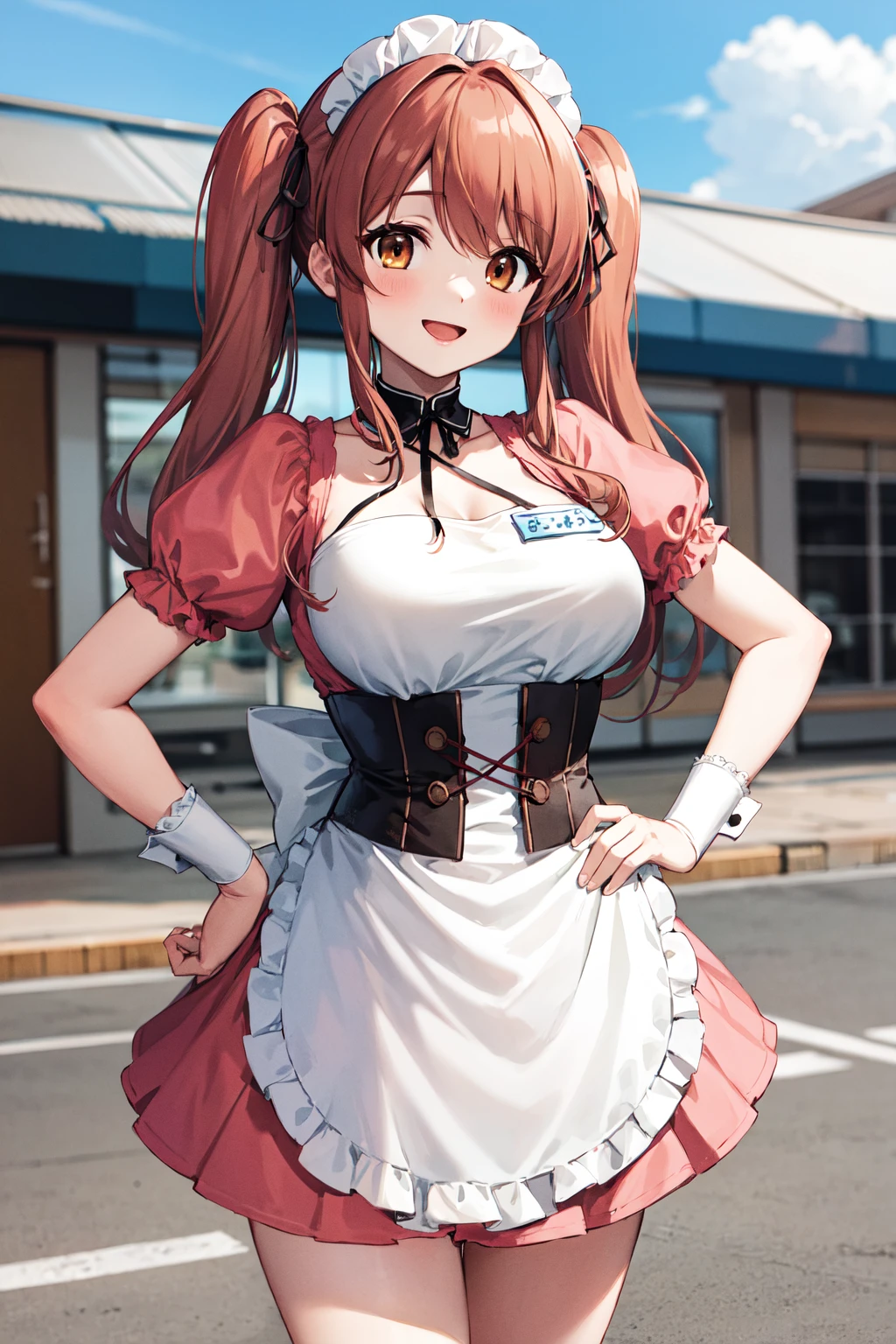 masterpiece, best quality, highres, mikuru1, 1girl, asahina mikuru, twintails, solo, large breasts, apron, puffy short sleeves, (name tag:0.8), long hair, corset, waitress, white apron, wrist cuffs, pink dress, frills, bangs, maid, ribbon, <lora:asahina_mikuru_v1:0.7>, smile, hand on hip, cowboy shot, outdoors, open mouth,