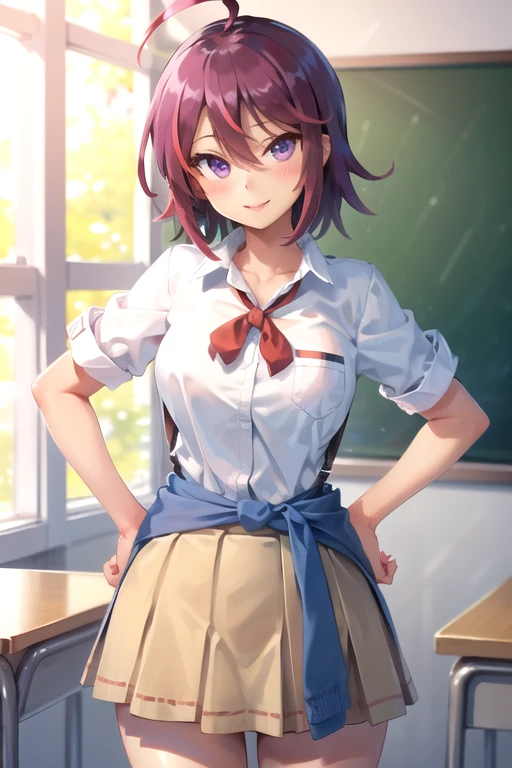 (extremely detailed CG unity 8k wallpaper), (masterpiece), (best quality), (ultra-detailed), (best illustration), (best shadow), (absurdres), 1girl, solo, looking at viewer, <lora:takemotouruka-v1:0.8>, takemoto uruka, dark skin, red hair, short hair, ahoge, hair between eyes, purple eyes, school uniform, white shirt, open shirt, pleated skirt, brown skirt, clothes around waist, tanlines, blush, smile, hands on hips, classroom