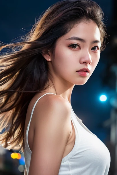 (16k, RAW photo, professional, best quality, masterpiece:1.2), (realistic,photorealistic:1.37), ultra-detailed, (portrait), (highest detailed skin:1.2), (highest detailed face:1.2), cinematic lighting, 1girl, Korean, (windy:1.2), standing in the dark alley, night time, neon silver light, look at the camera, white tank top, jacket