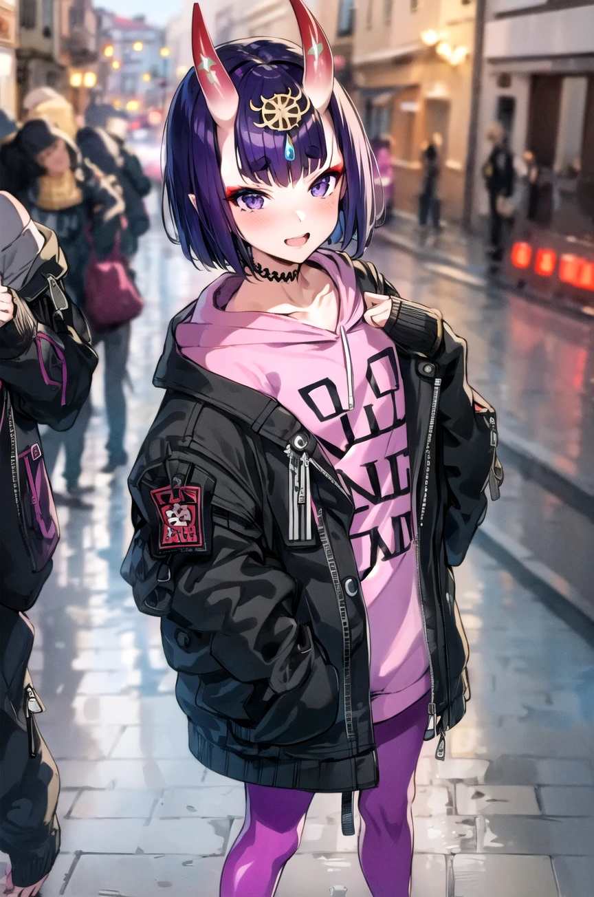 (masterpiece,best quality, detailed), 1girl, solo, outdoors, street, crowd, day, 
shuten douji, hood, black jacket, open jacket, pink hoodie, leggings, black choker, off shoulder, clothes writing, headpiece, 
 <lora:ShutenDoujiV09-000024:1>