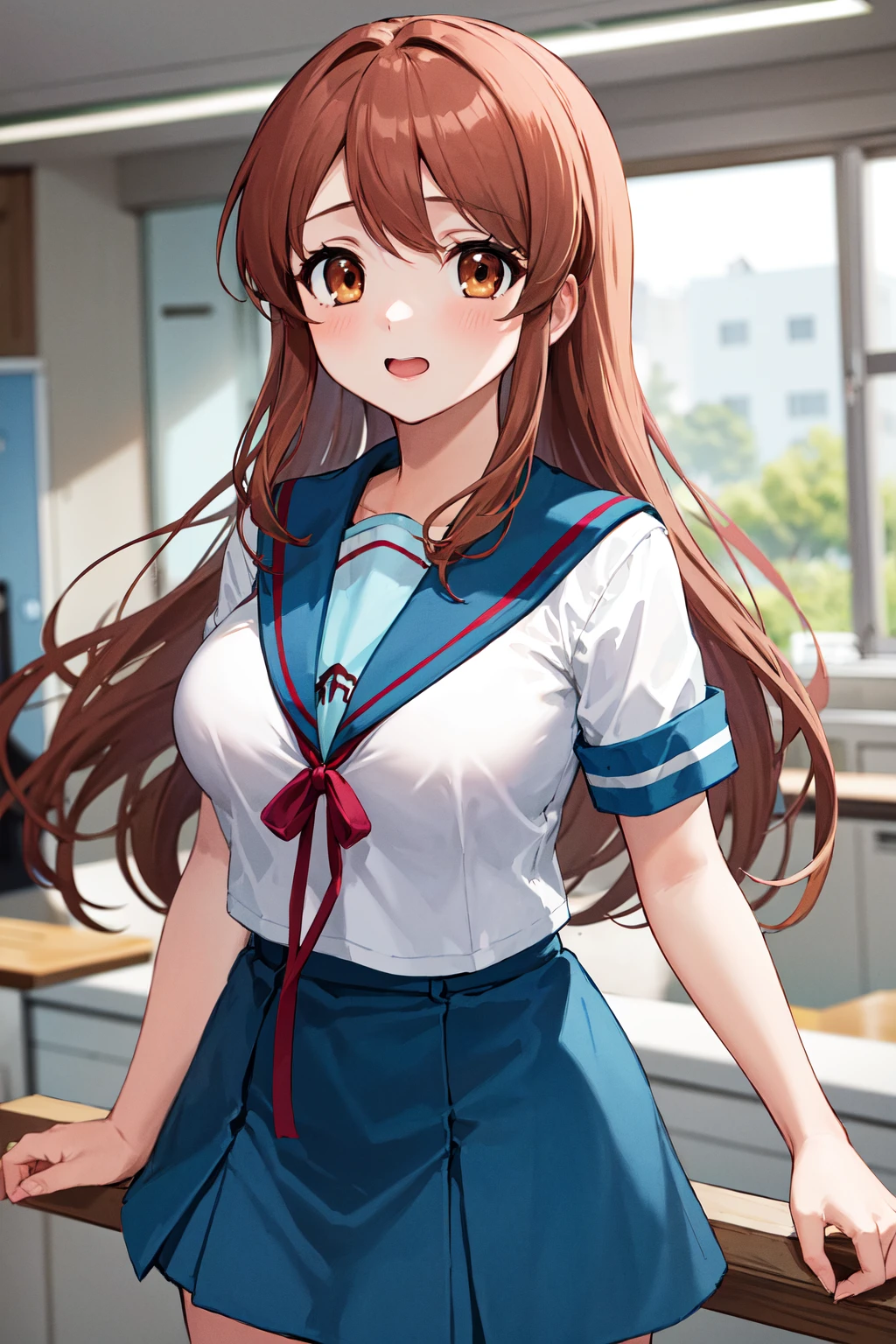 masterpiece, best quality, highres, mikuru1, 1girl, asahina mikuru, long hair, kita high school uniform, solo, blue sailor collar, sailor collar, serafuku, blue skirt, skirt, short sleeves, red ribbon, large breasts, <lora:asahina_mikuru_v1:0.7>, cowboy shot,