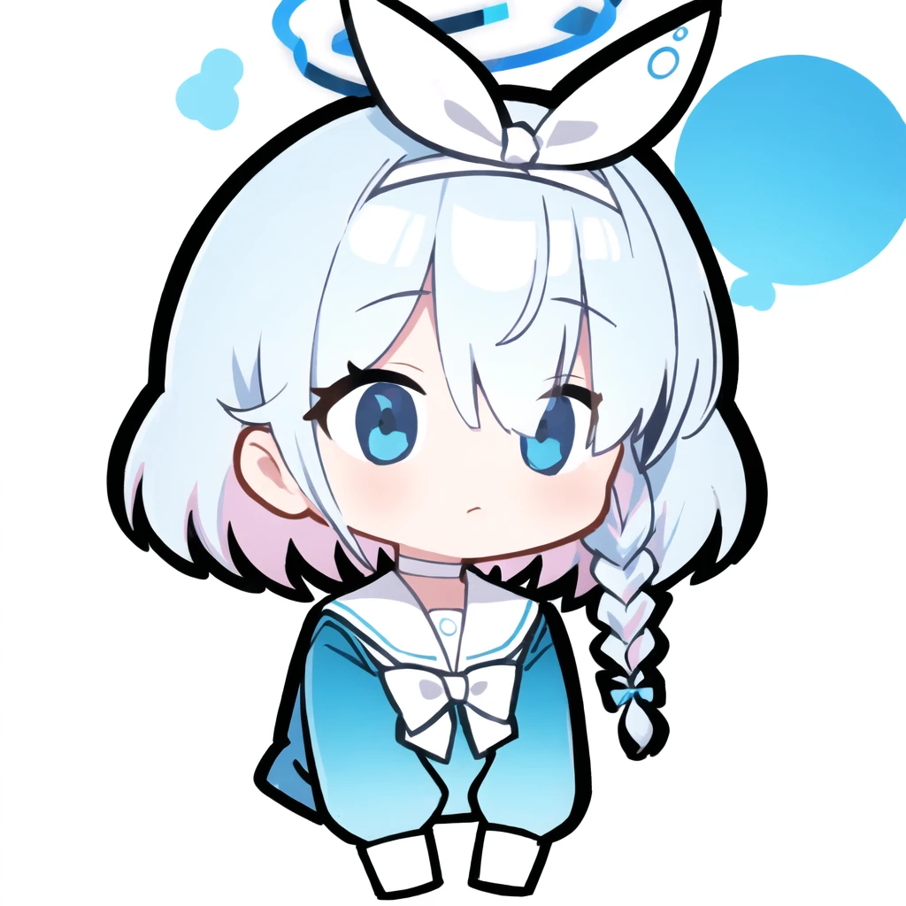 arona, 1girl, white hairband, bow hairband, halo, short hair, single braid, school uniform, blue shirt, white sailor collar, long sleeves, white bowtie, white choker, white background, <lora:aronaBlueArchive_v1:0.6>, chibi, <lora:BlueSD:0.7>