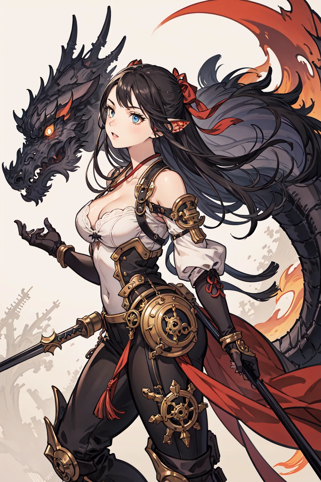 best quality,oriental_detailed background,girl,detailed_hand,battle, monster, steampunk,