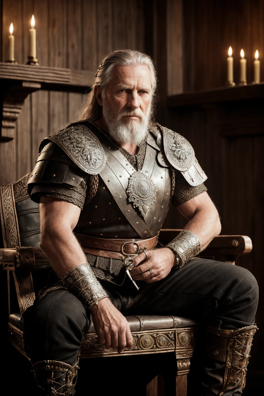 Highest quality, masterpiece, photorealistic, medium shot, RAW photo, of (a weary-looking but still proud and fierce-looking old Viking warrior, now the leader of his village, dressed in elaborately detailed chain mail and leather armour, sitting on a carved wooden throne furrowed with Viking runes and symbols, in the village meeting hall, on his lap rests an elaborately carved and beautifully crafted longsword, a few torches burn on the walls, giving the scene a dark atmosphere but sculpting the forms in sharp chiaroscuro), it is night time, (highly detailed skin), skin texture, (detailed face), detailed background, sharp focus, dark lighting, twilight lighting, volumetric lighting, highly detailed, intricate details, 8k, highly detailed, UHD, HDR <lora:epiNoiseoffset_v2:1.5>