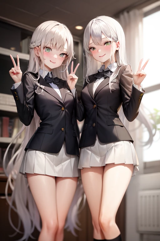 2girls, double v, smile, small breasts, school uniform, absurdly long hair, platinum blonde hair, straight hair, freckles, green eyes,
<lora:concept-double_v-v1:0.7>