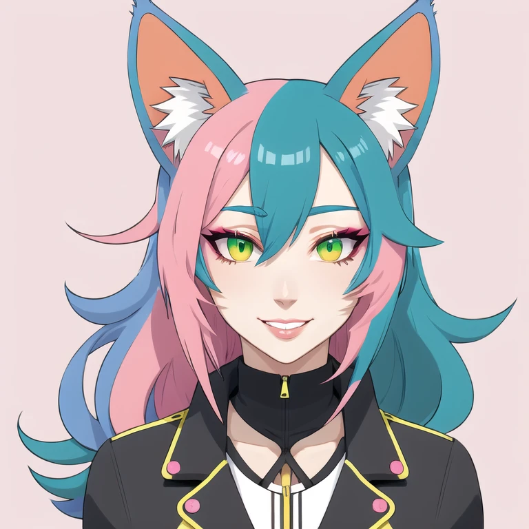 cat ears, profile, deformed background, flat color, solo, close-up (mature) face, illustration, many layers, limited tone, isometric, dribbble style illustration, vivid pink hair, clear eyes, colored_skin, green_hair, jacket, long_hair, looking_at_viewer, parted_lips, smile, solo