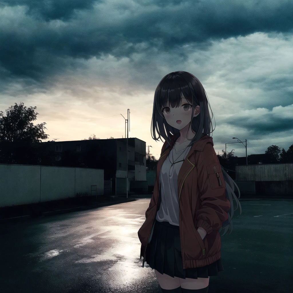 <lora:anime_irl:1>, anime_irl, a building with a light on at night time with a street light in front of it and a dark sky, 1girl, bangs, black hair, black legwear, black shirt, black skirt, blunt bangs, building, cityscape, clouds, cloudy sky, day, down jacket, expressionless, feet out of frame, grey eyes, jacket, kgt \(pixiv12957613\), lamppost, looking at viewer, off shoulder, on roof, open clothes, open jacket, open mouth, outdoors, parking lot, red jacket, rooftop, scenery, shadow, shirt, skirt, sky, sleeves past wrists, solo, standing, sunlight