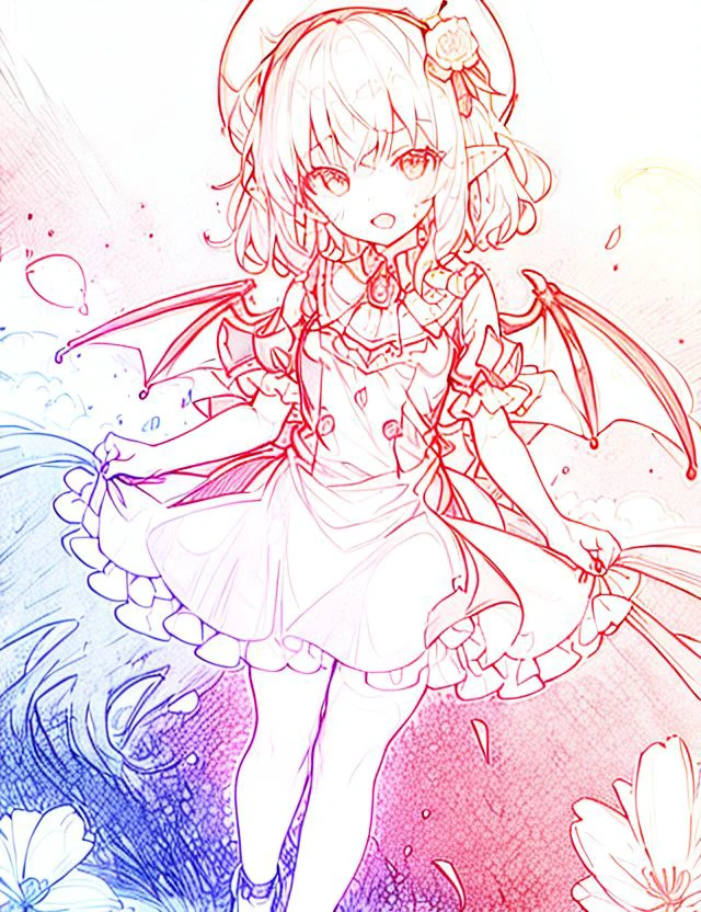 + (Remilia Scarlet: 1.4), (Masterpiece), (best quality), soft light, warm color, ((Super detail)), (illustration), (extremely delicate and beautiful), dynamic Angle, float, (beautiful detail eyes), (Detail Light), 1 girl
Hat, Solo, gems, frilly, ribbon, clean legs,  girl, cute little leather shoes, bow, bangs, shirt, skirt, big red bow on back, nails, standing, red eyes, short sleeves, open mouth, puffy sleeves, silver hair, pointed ears, puffy short sleeves, looking at the audience, (White frilly nightcap :1.3), short hair, Light pink dress, red nails, red tie, floral background, romantic background, ++(little devil wings on hips)++
<lora:colorline1111-000011:1>