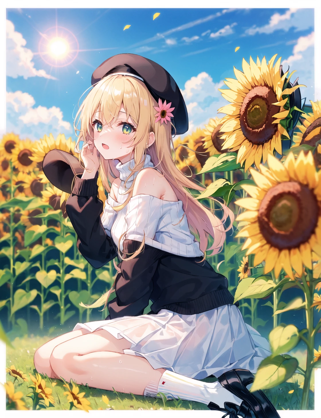 (white border:1.0),1girl,(solo:1.0),(falt color:1.0),colorful,(Highest picture quality), (Master's work),(shiny_skin,see-through,sweat, sweatdrop:1),
flying petal, flowery field, sky, sun,field, sunflower,
(from_side, looking_afar:1.1),
bare shoulders,beret,black footwear,black headwear,handbag,hat,long sleeves, off shoulder,shoes,skirt,sleeves past wrists,socks,sweater, white, masterpiece, best quality,