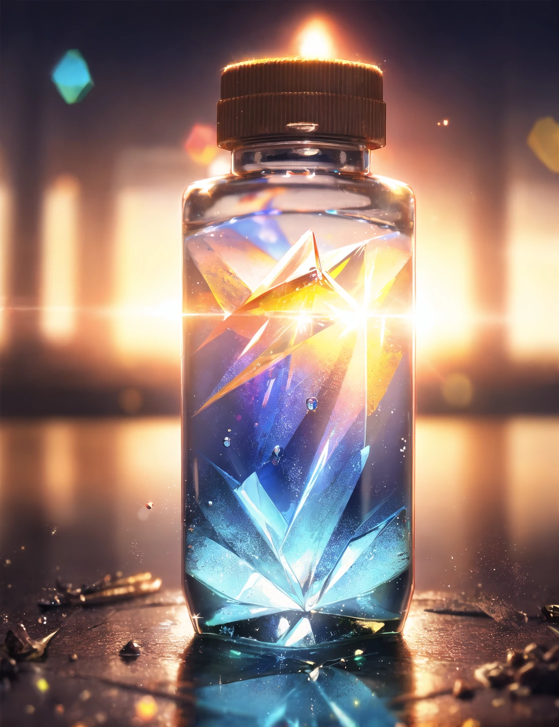 bottle, water, diamond , crystal,, ray tracing, Tyndall effect, depth of field, blurry background, blurry foreground, light particles, reflection light, rim light, bloom effect,, masterpiece, best quality,