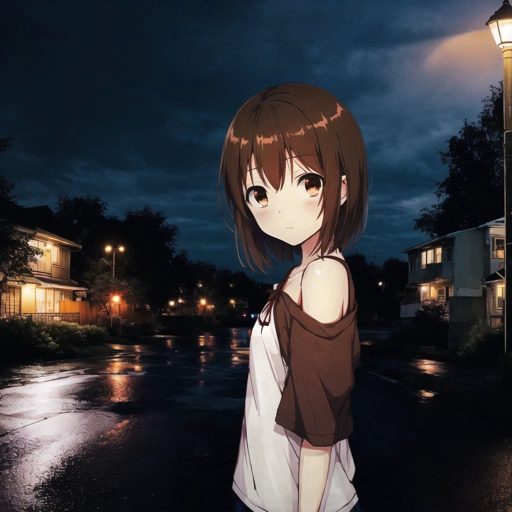 <lora:anime_irl:1>, anime_irl,
a street at night with a light on and a lamp post in the distance on the right side of the street, 1girl, brown eyes, brown hair, off shoulder, short hair, solo, valentine