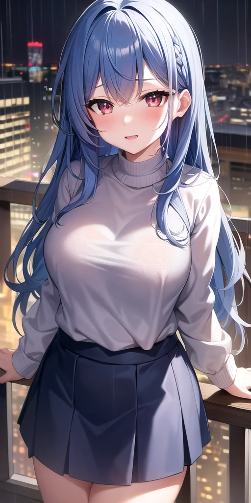 masterpiece, 4k, high quality, highly detailed, detailed face, HDR, vivid colors, natural lighting, city, rainy girl, 1girl, solo, medium breasts, blue hair, long hair, red eyes, sweating, blue skirt, blue pullover, oversized pullover, from above