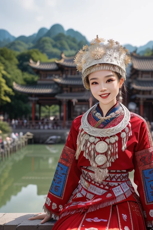 (karst topography),Taoist temple,(blurry foreground:1.5),(1 girl:2,),looking at viewer, light smile,day,((maple leaves)),Taoist temple,river valley,
hdr, photorealism, masterpiece quality, best quality, pureerosface_v1, ulzzang-6500-v1.1 <lora:miaoHong:0.8>