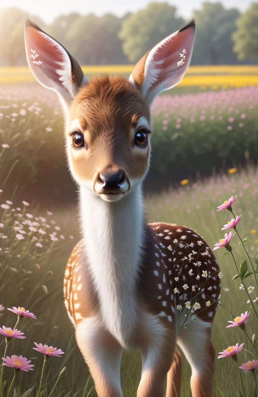 a drawing of a cute little baby deer surrounded by beautiful flowers in a meadow, 8k resolution concept art( intricate details:1.2), beautiful eyes, sunlight, (high quality:1.2), trending on artstation, 8k, absurdres, chibi, extremely detailed fur,(close up:1.1)