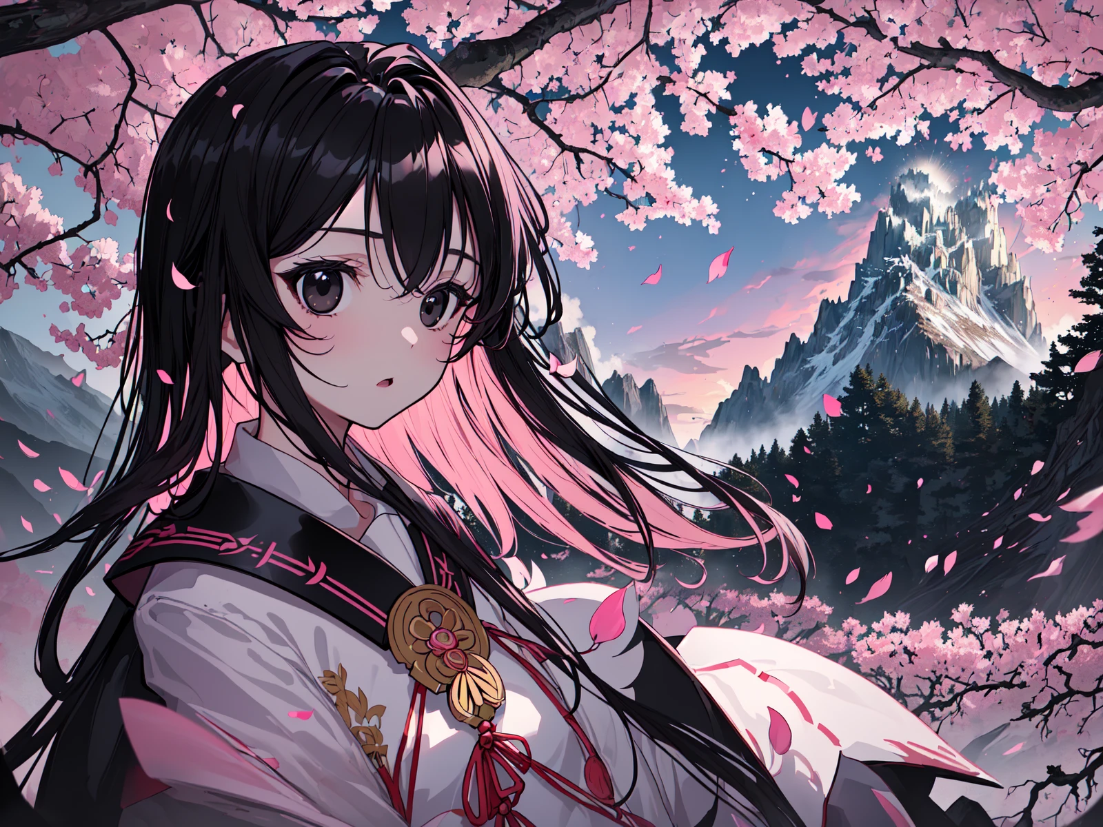 (best quality, masterpiece),(1girl, miko, coat, expression face, black eyes, looking at front ,black hair, walking, upper body), (night strray sky, huge old tree behind, falling glowing pink petals behind, shrine behind, mountain background, blowing wind, meteoric cloud)