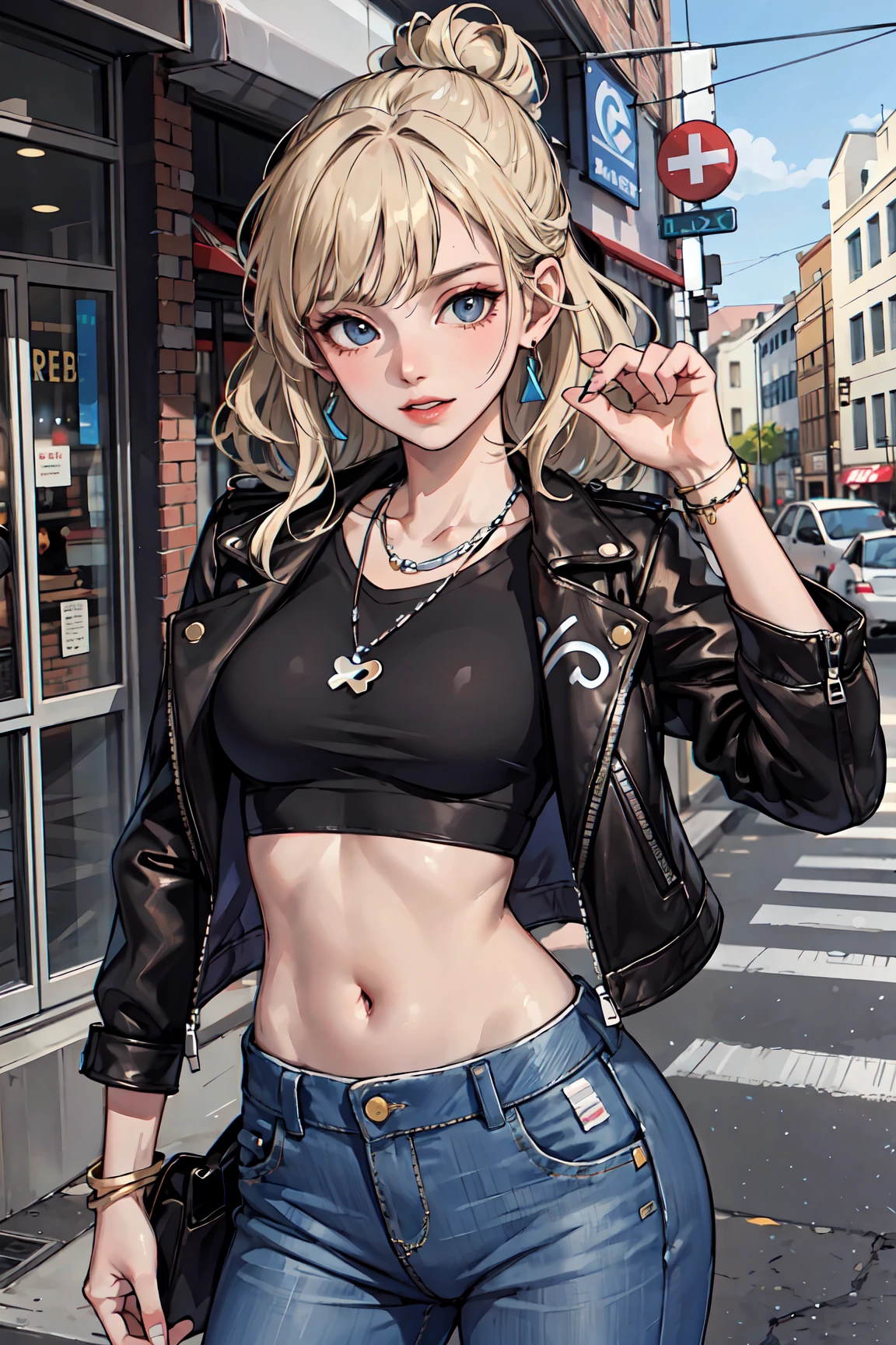 (masterpiece:1.2, best quality), (1lady, solo, upper body:1.2), Clothing: high-waisted pants, crop top or graphic tee, denim or leather jacket, platform sneakers or ankle boots, Accessories: layered necklaces, statement earrings, Hair: loose waves or messy bun, Behavior: confident, bold, unapologetic, Location: urban areas, cafes, nightclubs, art galleries