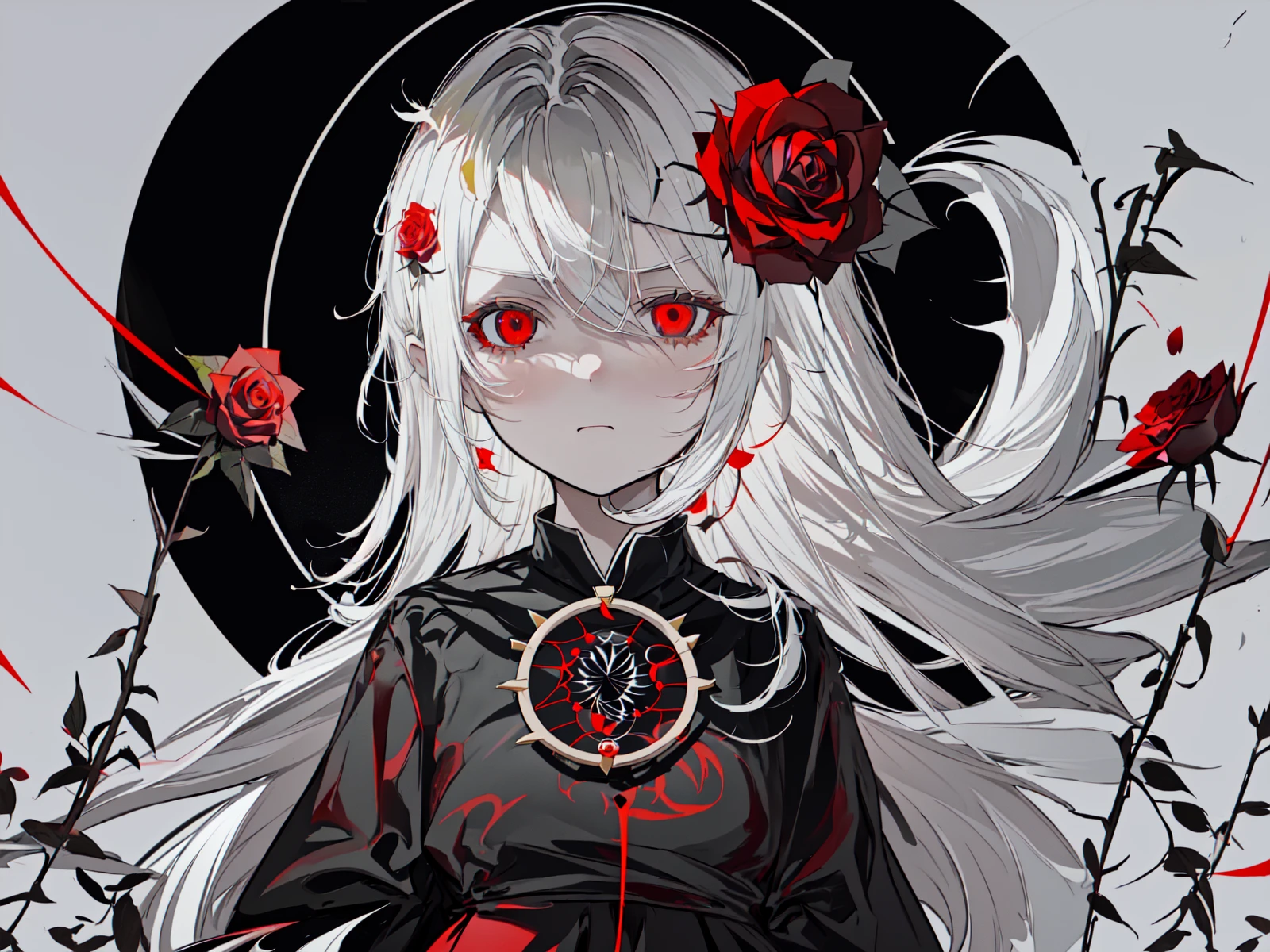 (best quality, masterpiece), (1girl, solo, black dress, standing , looking at viewer, white hair, red eyes, holding rose, closed mouth, upper body), (red dreamcatcher behind, red flower, )
