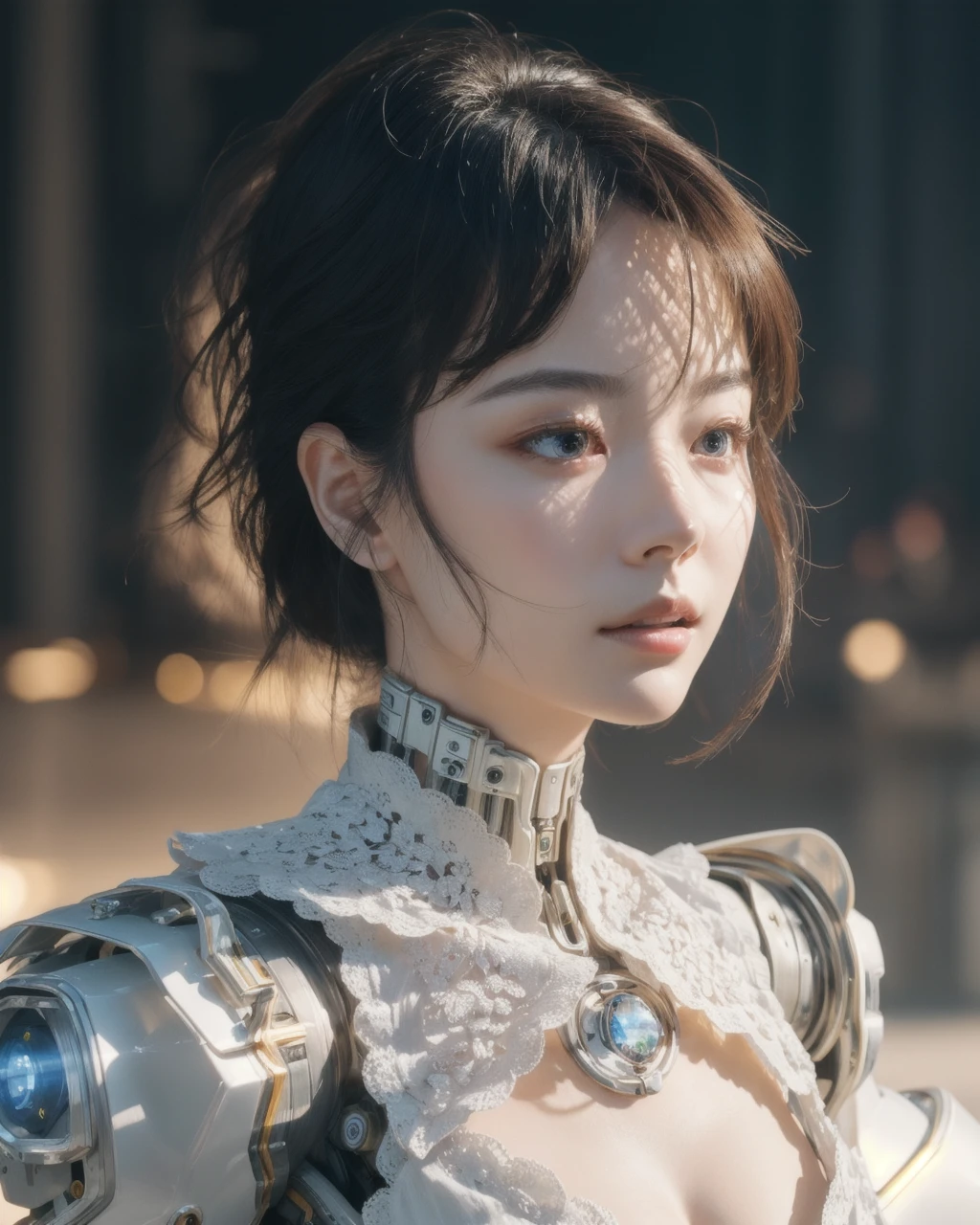 <lora:1girlmix:0.65>, mix4, <lora:cuteGirlMix4_v10:0.1>, complex 3d render ultra detailed of a beautiful porcelain woman cyborg, natural skin texture, (realistic eye details:1.2), robotic parts, beautiful soft light, rim light, vibrant details, luxurious cyberpunk, hyperrealistic, anatomical, facial muscles, cable electric wires, microchip, elegant, beautiful background, octane render, APPLE style, 8k, best quality, masterpiece, illustration, an extremely delicate and beautiful, extremely detailed ,CG ,unity ,wallpaper, (realistic, photo-realistic:1.2),Amazing, finely detail, masterpiece,best quality,official art, extremely detailed CG unity 8k wallpaper, absurdres, incredibly absurdres, robot, silver halmet, full body, android, Classicism, metal lace, cleavage, noble lady