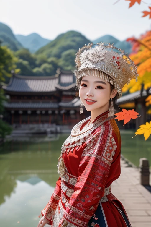 (karst topography),Taoist temple,(blurry foreground:1.5),(1 girl:2,),looking at viewer, light smile,day,((maple leaves)),Taoist temple,river valley,
hdr, photorealism, masterpiece quality, best quality, pureerosface_v1, ulzzang-6500-v1.1 ,jewelry, <lora:miaoHong:0.6>,