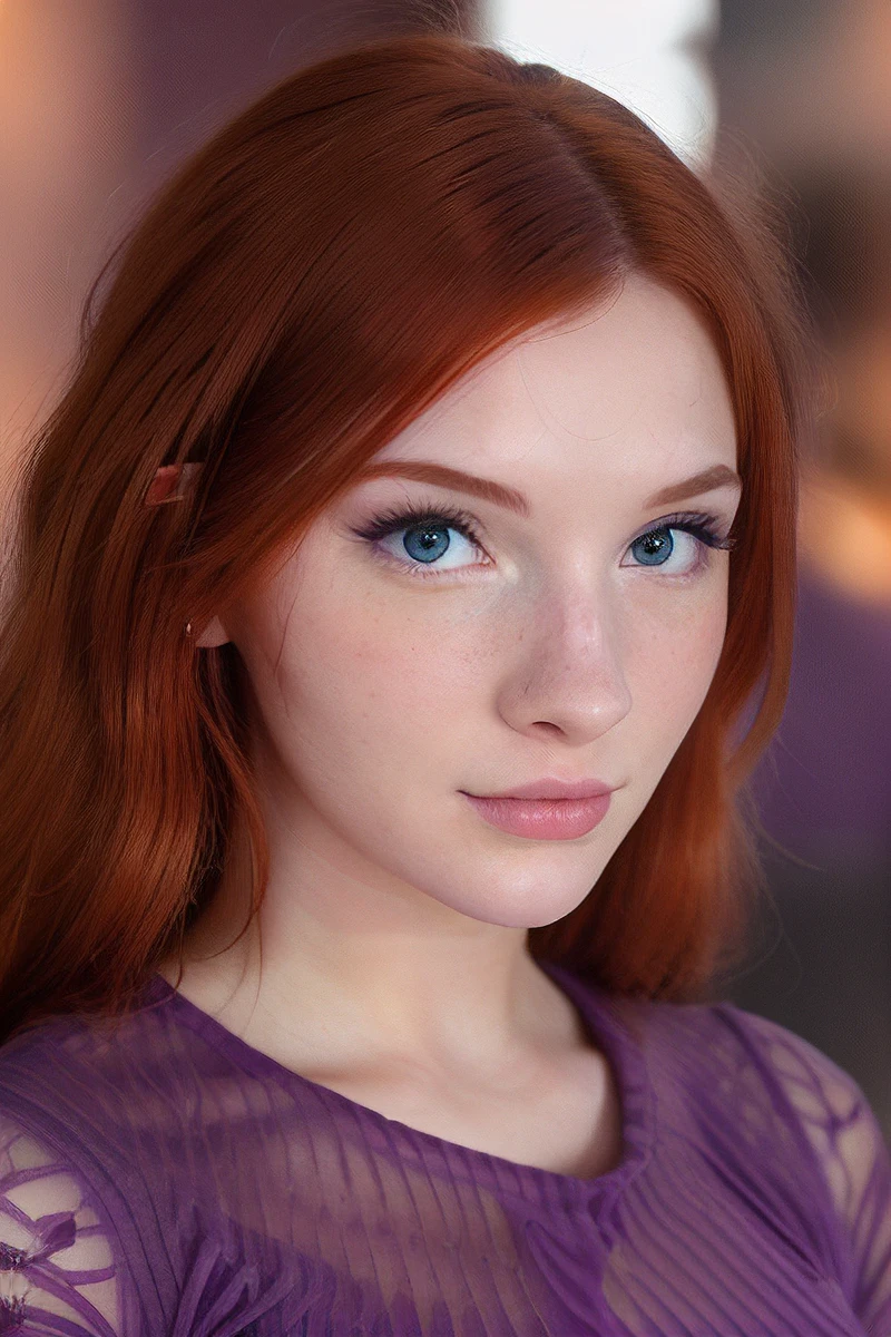 masterpiece, sharp focus, photo-realistic, award winning hyper realistic (close up) photo of red haired (Madison Kate:1.0) wearing ((tight purple clothing)), in a busy mall, detailed features, (detailed face:1.2), (perfect hands:1.3), (detailed eyes:1.3), 8k ultra hd, 4k, (ultra hi definition photo), highest quality, best quality, <lora:MadiKatV1:0.65>