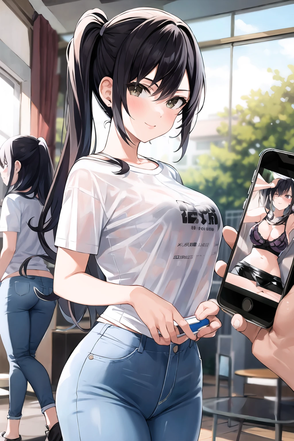 <lora:PhonePic-18:1>, PhonePic, (viewer holding phone, phone screen), latex skirt, latex bra, ((jeans, t-shirt)), 1girl