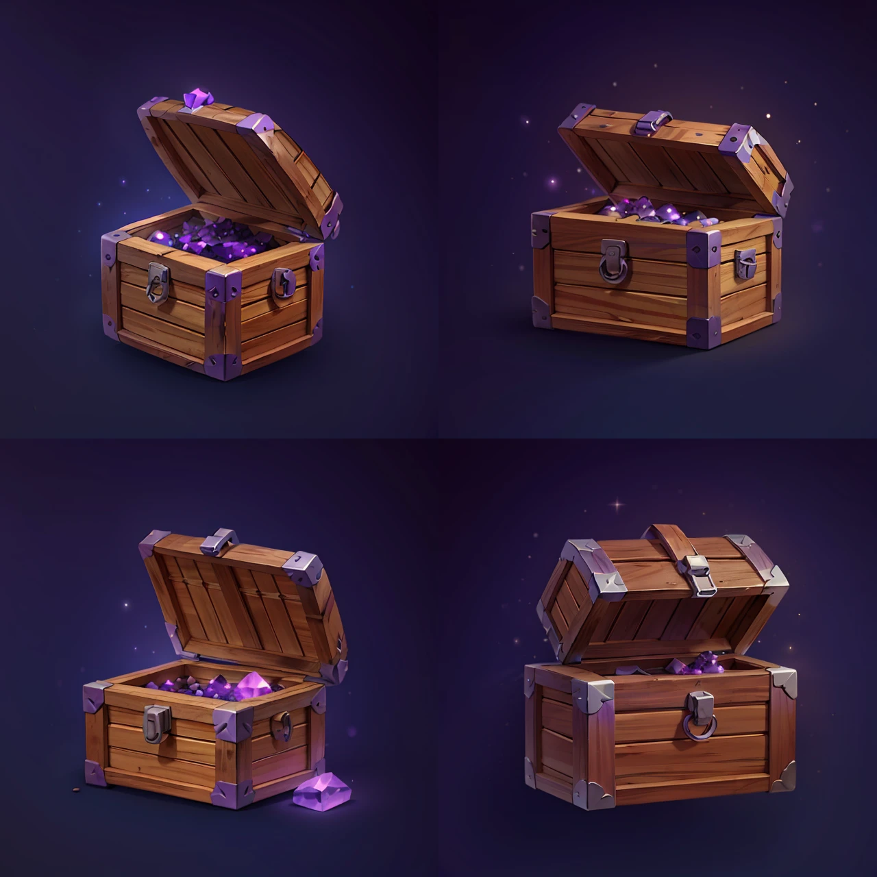 icon of wooden treasure chest full of purple crystals, dark background, gradient background <lora:sxz-icons-v5:0.75>