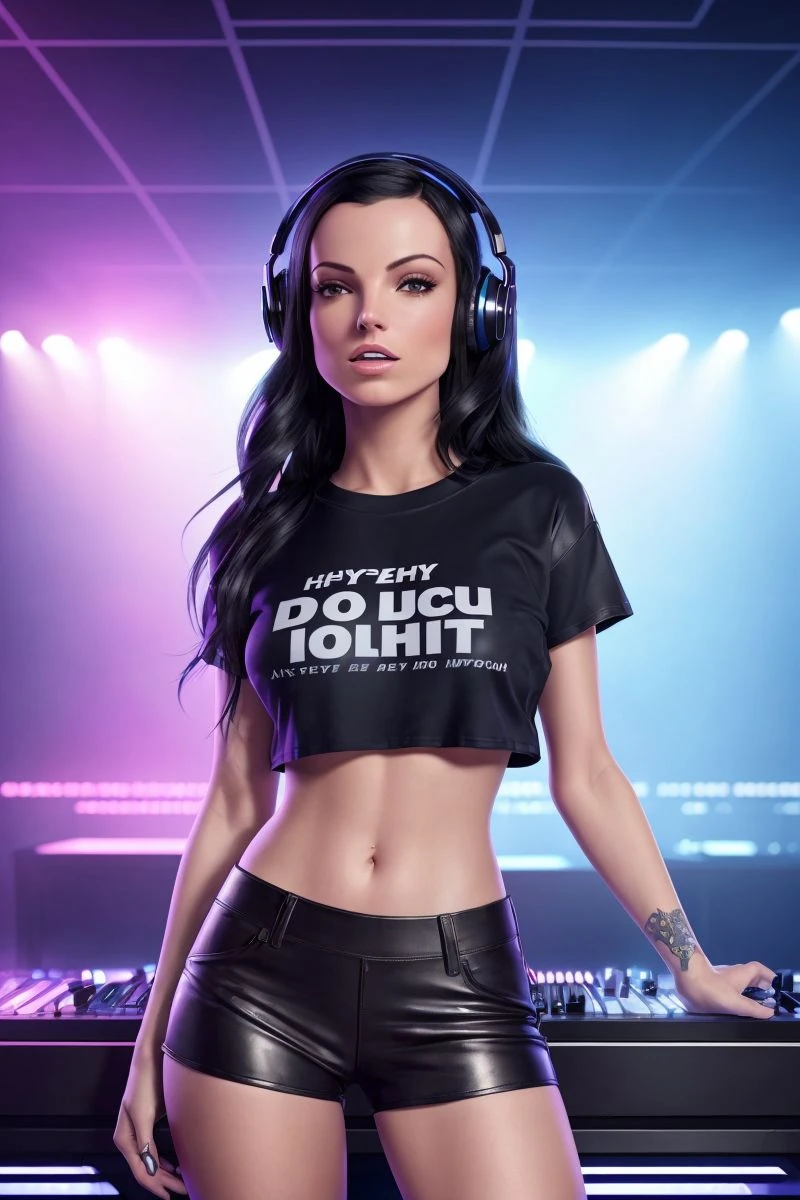 a detailed photo of an attractive S003_SapphiraA, as a DJ, wearing headphones, wearing a (too big:1.2) cropped (oversized t-shirt:1.4) and (leather pants:1.1), exposed midriff, (in a nightclub:1.3), heavy makeup, full dynamic color, (8k, 50mm, DOF, RAW photo, highest quality, best quality, masterpiece, ultra-detailed, hires, absurdres), (photorealistic, hyper-realistic:1.2),
