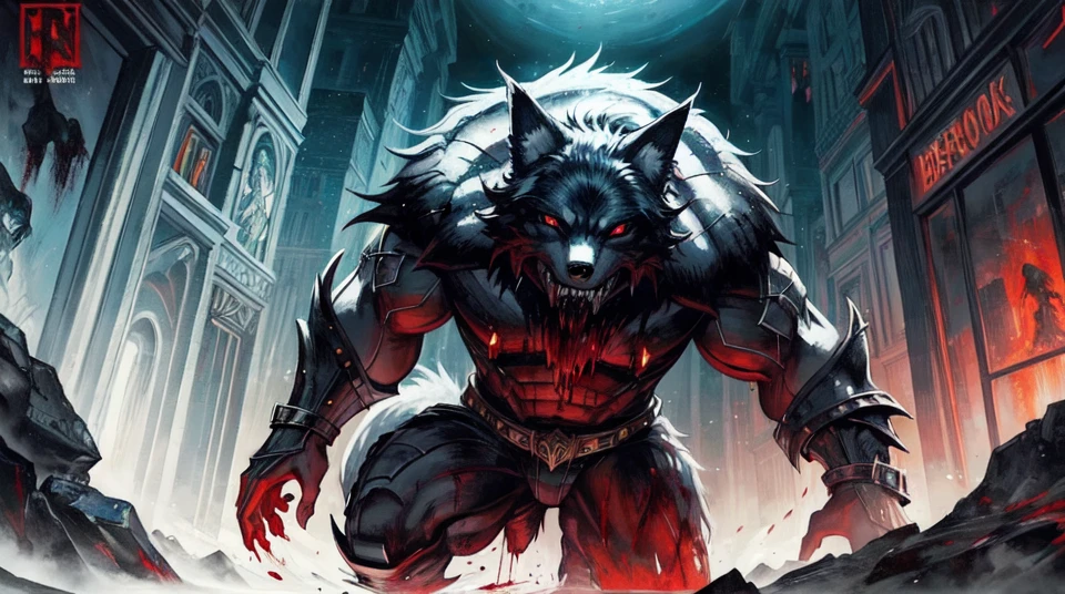 werewolf with bloody fangs, (wearing metal armor:1.4), in a small medievil town, moon in the background <lora:werewolf_v1.0:1>