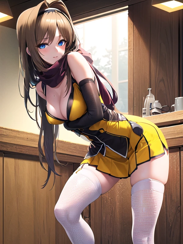 (ultra detailed),(masterpeace),(best quality),(photorealistic), beautiful lighting, CG,(colour:1.2),looking at viewer,indoor,Japanese-style room,
<lora:takamori_haruka_V1:1>,takamori_haruka,blue eyes,brown hair,cleavage,hairband,long hair,medium breasts,ninja,reverse grip,scarf,(thighhighs:1.3),zettai ryouiki,gloves,(thighhighs:1.4),(white_legwear:1.5),ninja outfit,skirt,bare_shoulders, standing,(yellow clothes:1.2),see-through,ninja fishnet suit,