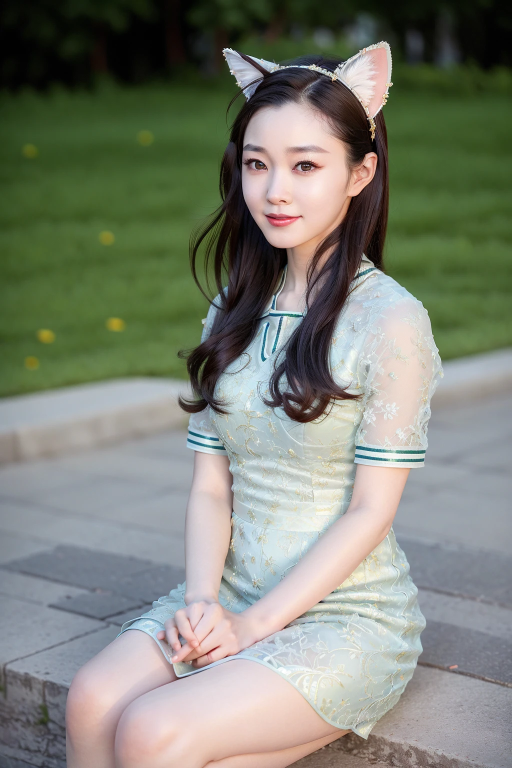 songyi, chineseidol, 1girl, solo, sitting on ground, school uniform, small fox ears, street, outdoors, smile,
detailed face, full body, 
masterpiece, best quality, (realistic, photo-realistic:1.3), (RAW photo:1.2), extremely detailed CG unity 8k wallpaper, an extremely delicate and beautiful, amazing, finely detail, official art, absurdres, incredibly absurdres, huge file size, ultra-detailed, extremely detailed, beautiful detailed girl, extremely detailed eyes and face, beautiful detailed eyes, dynamic angle, wide shot, cinematic lighting, moody lighting,