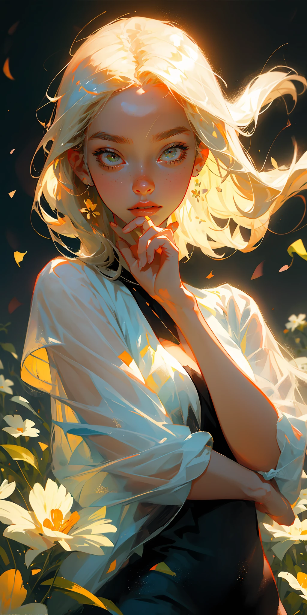 (best quality, masterpiece:1.3), 1girl, pose, particle, wind, flower, upper body, simple background, looking at viewer, focus on face, blonde,