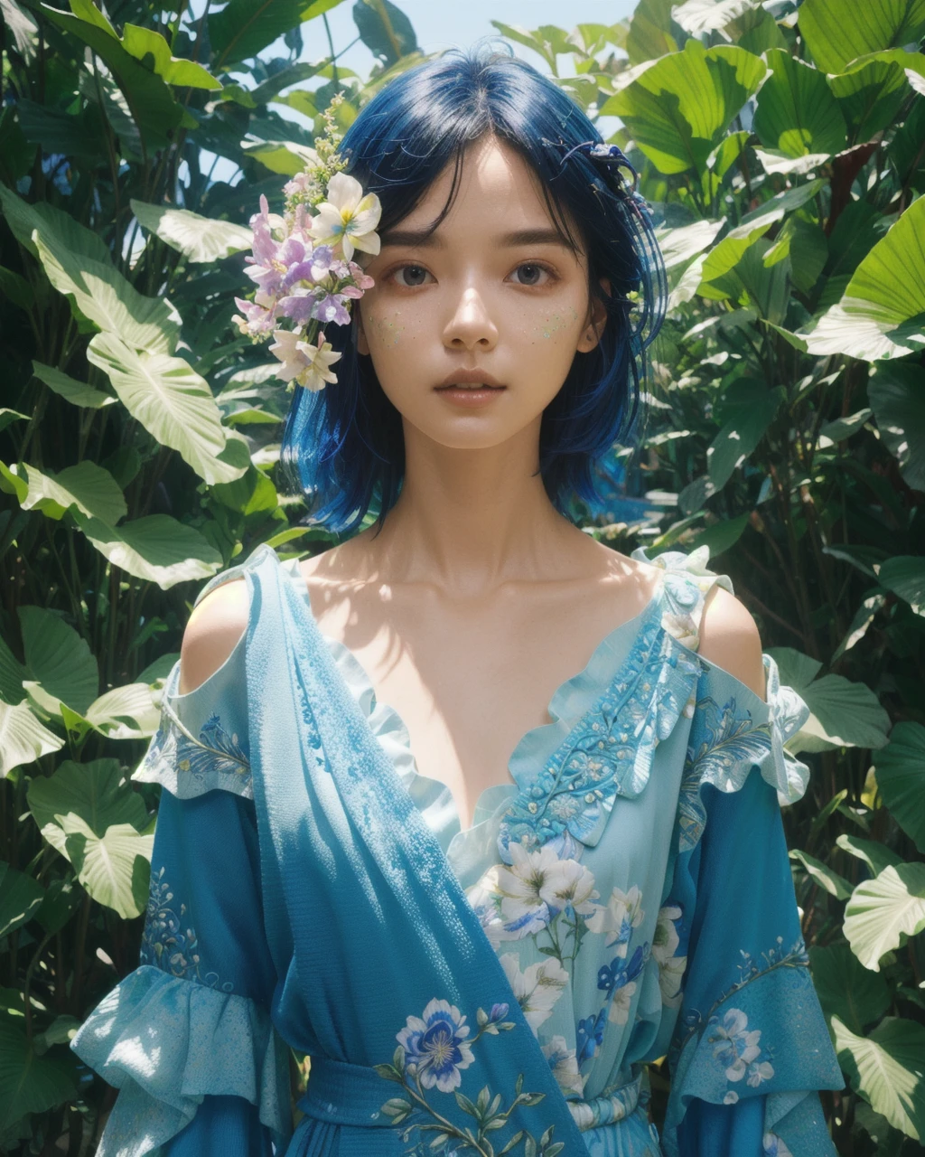 <lora:1girlmix:0.65>, fashion photography portrait of blue human avatar, 1girl, in blue lush jungle with flowers and birds, sci-fi, fantasy, 3d render, symetrical, octane render, hdr, (intricate details, hyperdetailed:1.2), (natural skin texture, hyperrealism, soft light, sharp:1.2), mix4, <lora:cuteGirlMix4_v10:0.1>