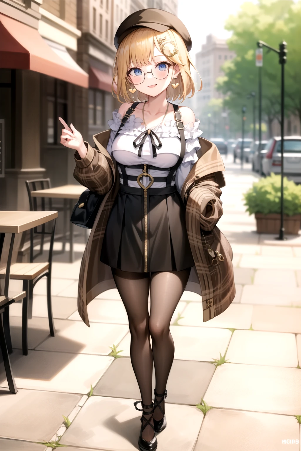 2d, masterpiece, best quality, anime, highly detailed, full body, 1girl, solo, amelia_casual, frilled shirt, black skirt, suspender skirt, zipper pull tab, pantyhose, plaid jacket, brown headwear, glasses, collarbone, heart earrings, key necklace, monocle hair ornament, standing, smile BREAK cafe, outdoors, potted plant, table, chair <lora:ame-10:1>