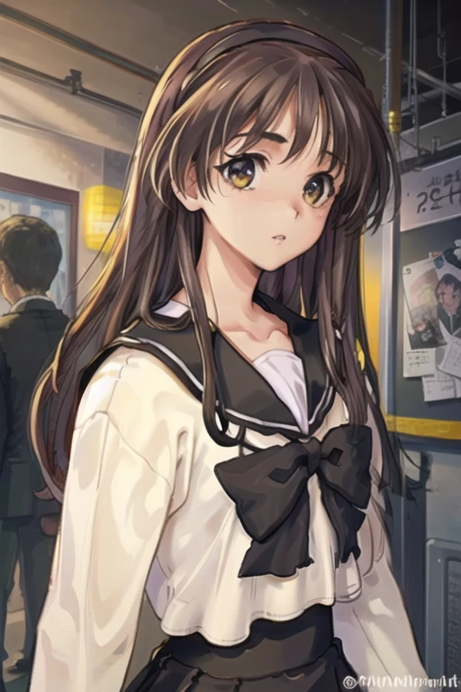 ultra realistic 8k cg, picture-perfect face, flawless, clean, masterpiece, professional artwork, famous artwork, cinematic lighting, cinematic bloom, perfect face, beautiful face, beautiful eyes, ((perfect female body)), long hair, hairband,school uniform, skirt, long sleeves, brown hair, bow, serafuku, solo, looking at viewer, shirt, white shirt, pleated skirt, yellow eyes, black skirt, bowtie, brown skirt, sailor collar, upper body, parted lips, black bow, bangs <lora:Ayaka Hizuki:1>