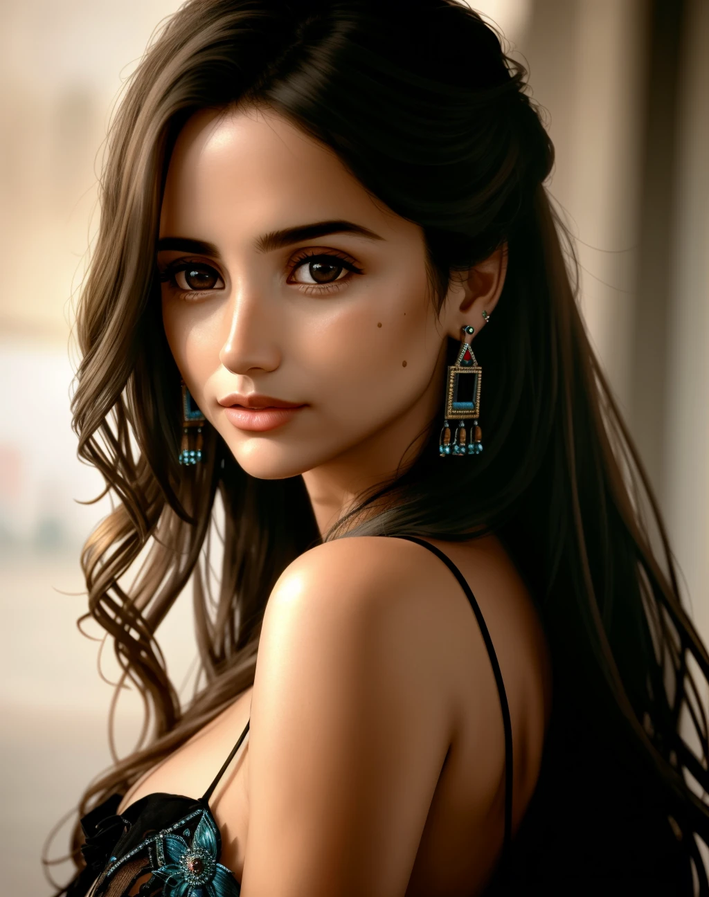 Masterpiece, absurdres,award winning photo, extremely detailed, amazing, fine detail, extremely detailed eyes and face, by lee jeffries nikon d850 film stock photograph 4 kodak portra 400 camera f1.6 lens rich colors hyper realistic lifelike texture dramatic lighting unrealengine trending on artstation cinestill 800 tungsten, <lora:esd:1>, beautiful esd_woman, a woman with long hair and earrings posing for a picture ,perfect esd_face, perfect esd_body