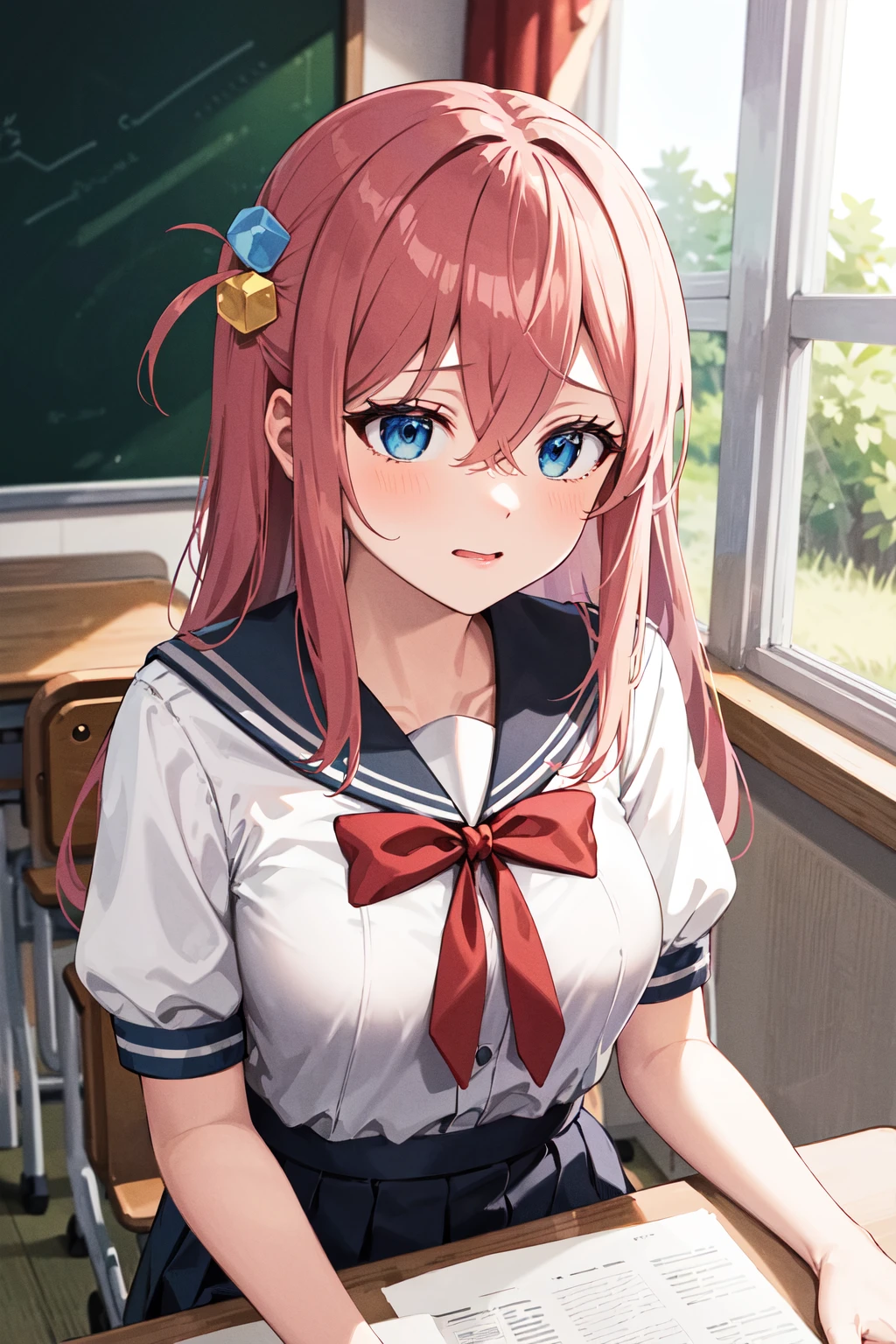 masterpiece, best quality, highres, gotou1, gotou hitori, solo, bangs, hair between eyes, short sleeves, school uniform, skirt, shirt, sailor collar, medium breasts, <lora:gotou_hitori_v1:0.7>, classroom, sitting, chair,