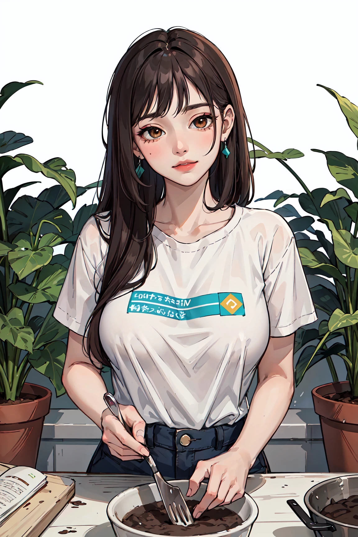 (masterpiece:1.2, best quality), (1lady, solo, upper body:1.2), Clothes: casual, comfortable, sustainable, Appearance: long hair, minimal makeup, natural fabrics, Behavior: empathetic, caring, nurturing, Location: organic farms, community centers, volunteer organizations, Hobbies: gardening, cooking, caring for animals