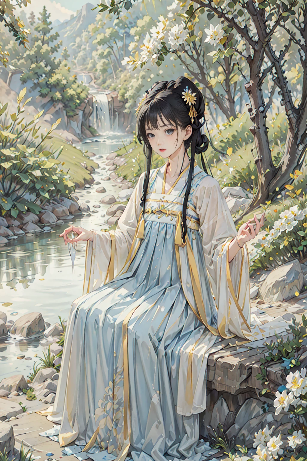 shukezouma,masterpiece, highres, best quality, professional lighting, photon mapping, radiosity, physically-based rendering,1girl solo, sitting,countless waterfalls flowing down from the mountains, pine trees and flowering trees,<lora:hanfuTang_v31:0.5>,hanfu, tang style outfits, white long upper shan, blue with white pleated skirt,yellow waistband,<lora:beautifuleyeslikeness_purefacelikeness:0.5>,<lora:gachaSplashLORA_gachaSplash31:0.35>,<lora:animeTarotCardArtStyleLora_v20Offset:0.2>