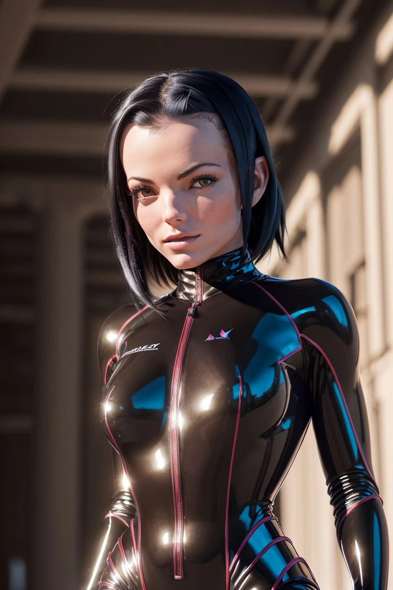 (best quality, 8k, masterpiece, ultra-detailed),super hero Woman 32 years-old,black short hair,beautiful detailed face, big eyelashes,little smile,small breasts,minimum waist,golden armlets,((((white sheer latex suit)))),gold belt,futuristic spaceship scenario, dynamic pose, dynamic angle