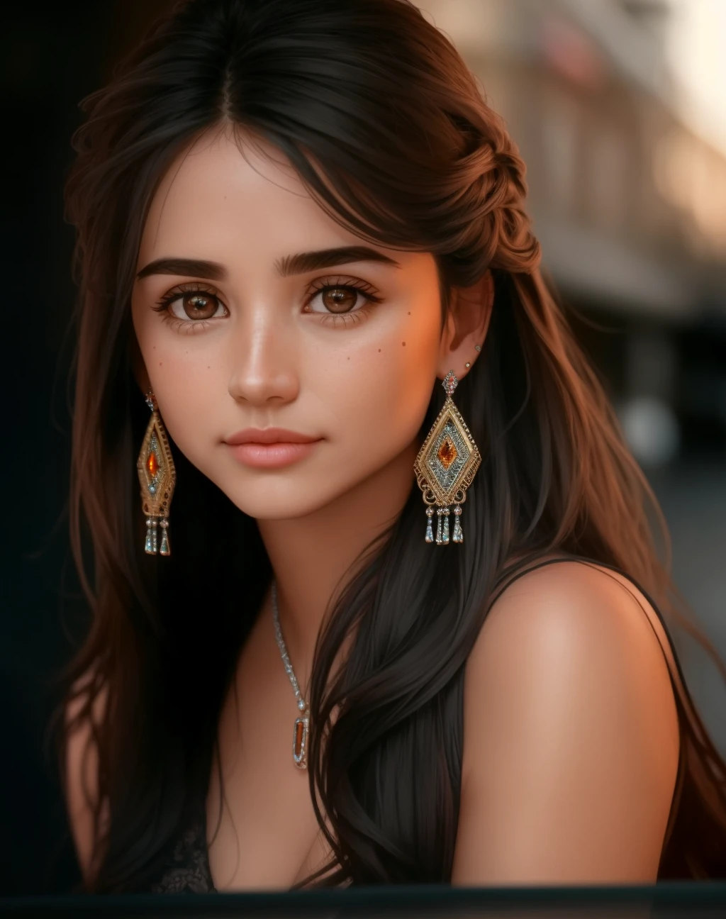 Masterpiece, absurdres,award winning photo, extremely detailed, amazing, fine detail, extremely detailed eyes and face, by lee jeffries nikon d850 film stock photograph 4 kodak portra 400 camera f1.6 lens rich colors hyper realistic lifelike texture dramatic lighting unrealengine trending on artstation cinestill 800 tungsten, <lora:esd:1>, beautiful esd_woman, a woman with long hair and earrings posing for a picture ,perfect esd_face, perfect esd_body