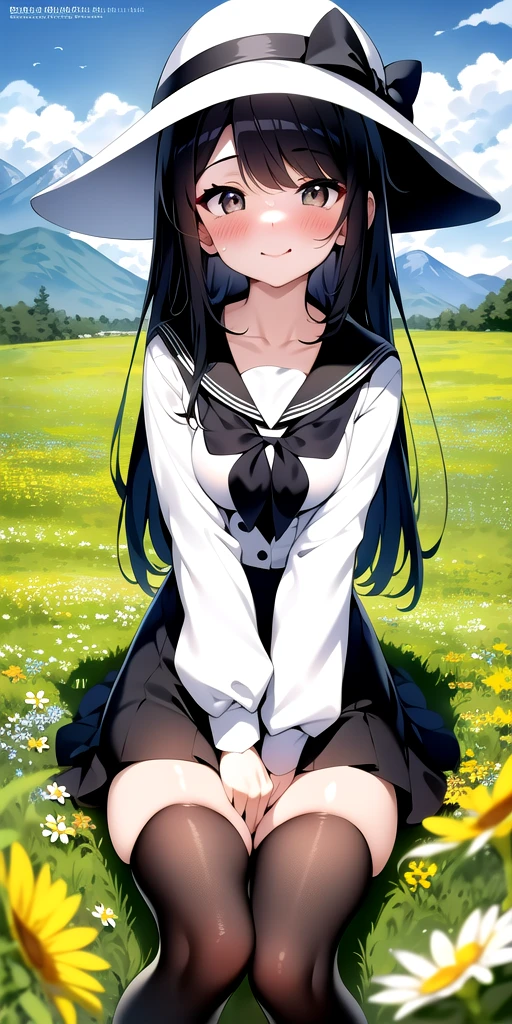 masterpiece, 4k, high quality, highly detailed, detailed face, HDR, vivid colors, natural lighting, mountains background, sunny, (summer), sitting on a meadow, flower meadow, very much flowers, colorful flowers, diverse flowers, girl, 1girl, solo, medium breasts, black and white hair, long hair, flower in hair, hat, white hat, oversized hat, black and white eyes, (happy face, embarrased face, lovely face), shy, school uniform, black skirt, thigh highs, white oversized pullover, from above